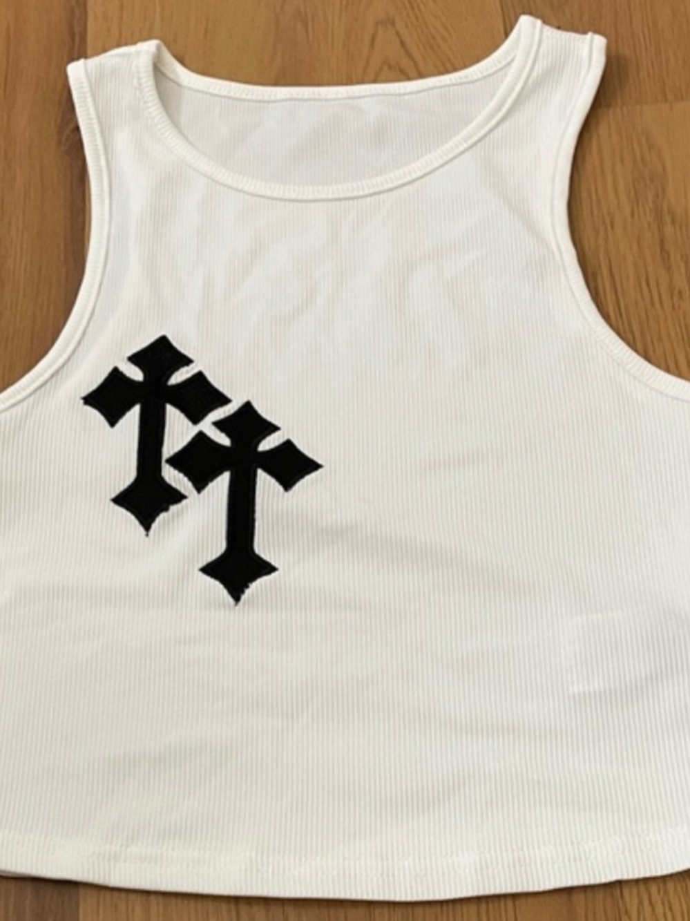 White Ribbed Tank Top with Black Gothic Cross Motif